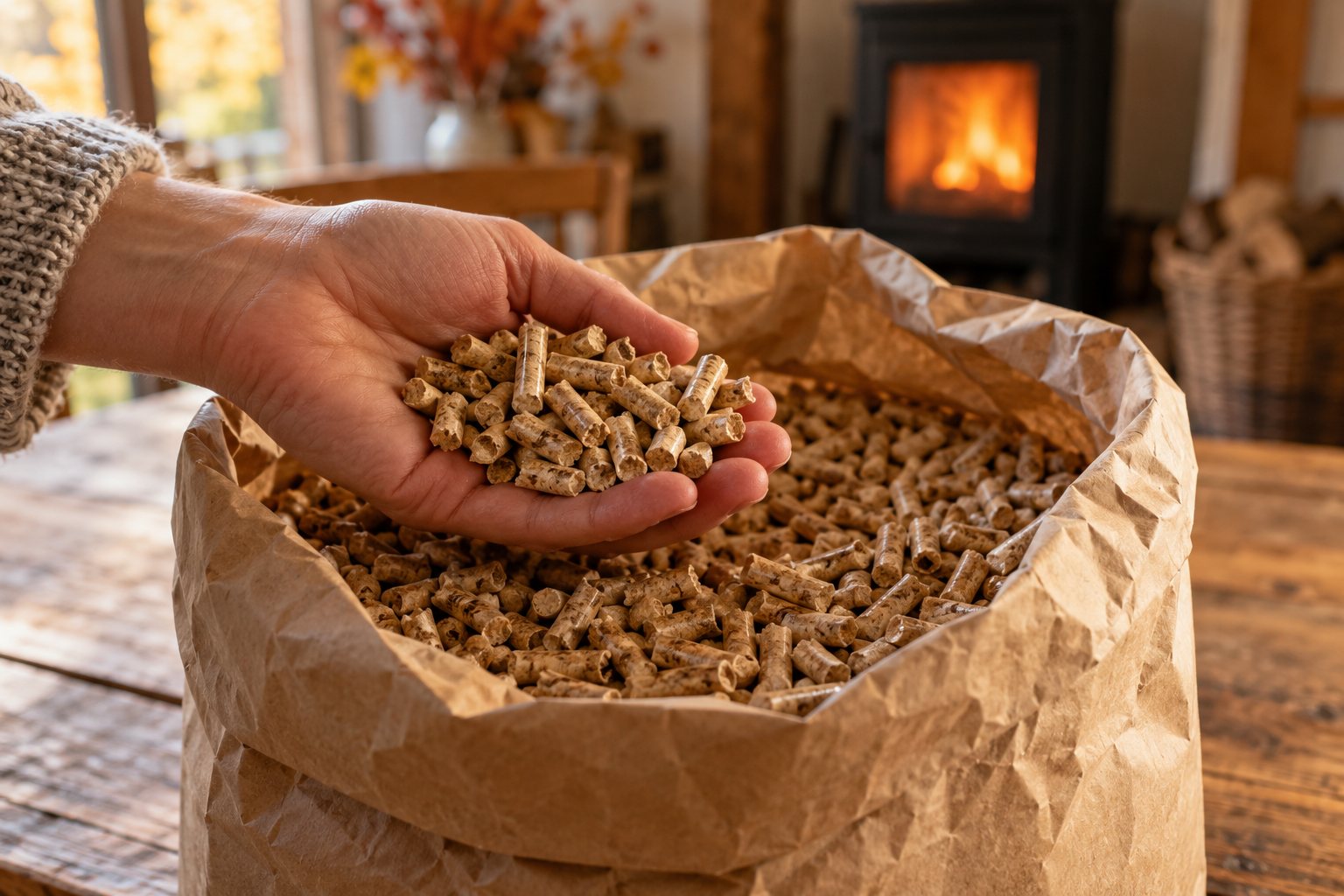Quels granulés de bois choisir : sac de pellets ouvert et poignée de granulés